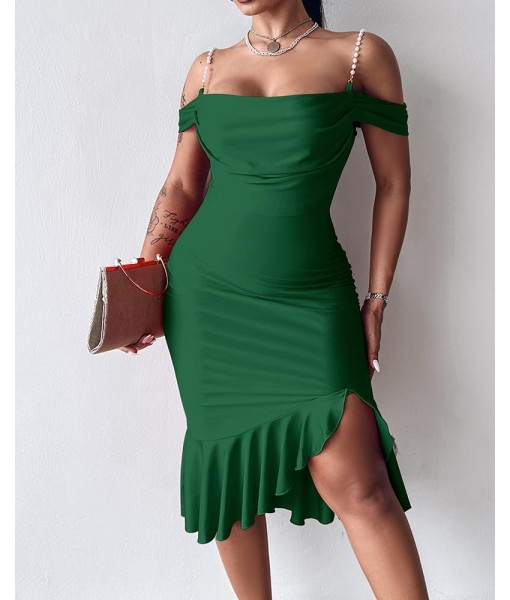 CHICME Womens Sexy Bodycon Party Dress Off The Shoulder Pearls Strap Midi Dress Ruffle Hem Cocktail Dresses
