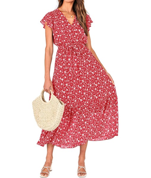 BTFBM Women Summer Bohemian Floral Casual Wrap V Neck Ruffle Cap Sleeveless Belt A-Line Pleated Hem Midi Sun Dress White