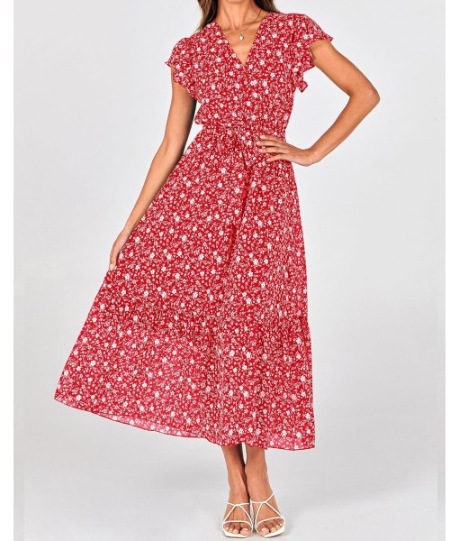 BTFBM Women Summer Bohemian Floral Casual Wrap V Neck Ruffle Cap Sleeveless Belt A-Line Pleated Hem Midi Sun Dress White