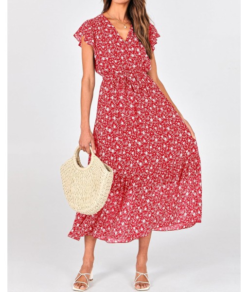 BTFBM Women Summer Bohemian Floral Casual Wrap V Neck Ruffle Cap Sleeveless Belt A-Line Pleated Hem Midi Sun Dress White