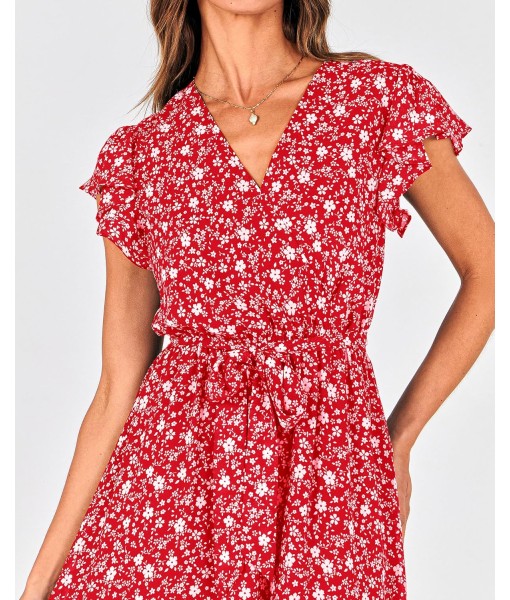 BTFBM Women Summer Bohemian Floral Casual Wrap V Neck Ruffle Cap Sleeveless Belt A-Line Pleated Hem Midi Sun Dress White