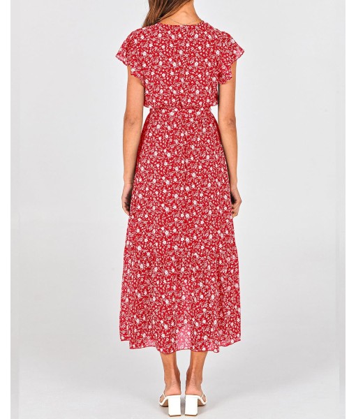 BTFBM Women Summer Bohemian Floral Casual Wrap V Neck Ruffle Cap Sleeveless Belt A-Line Pleated Hem Midi Sun Dress White