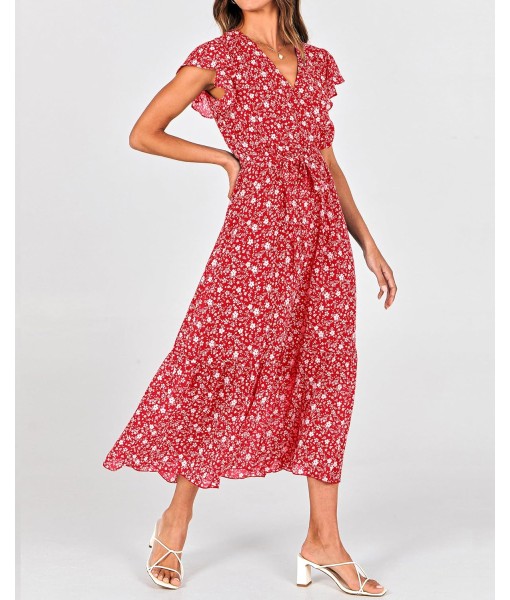 BTFBM Women Summer Bohemian Floral Casual Wrap V Neck Ruffle Cap Sleeveless Belt A-Line Pleated Hem Midi Sun Dress White