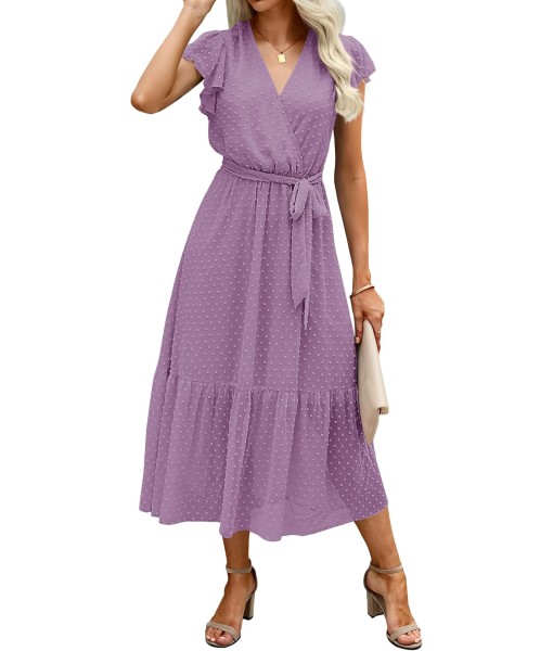 BTFBM Women Summer Bohemian Floral Casual Wrap V Neck Ruffle Cap Sleeveless Belt A-Line Pleated Hem Midi Sun Dress White