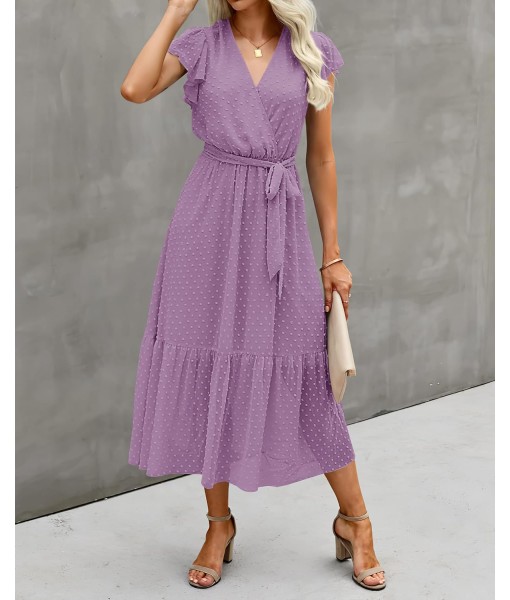 BTFBM Women Summer Bohemian Floral Casual Wrap V Neck Ruffle Cap Sleeveless Belt A-Line Pleated Hem Midi Sun Dress White