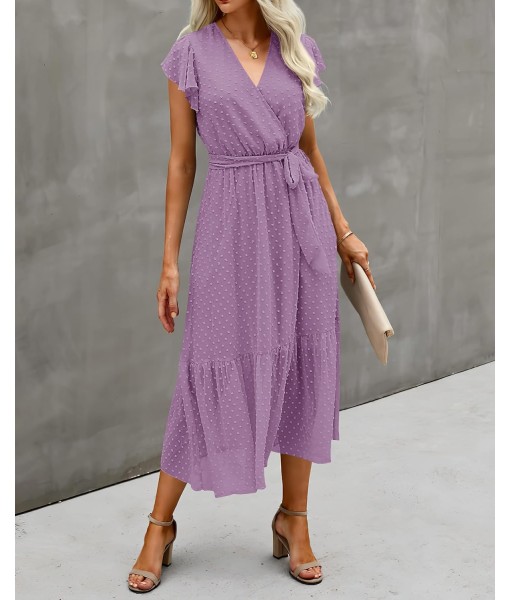 BTFBM Women Summer Bohemian Floral Casual Wrap V Neck Ruffle Cap Sleeveless Belt A-Line Pleated Hem Midi Sun Dress White