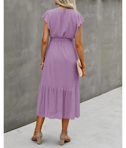 BTFBM Women Summer Bohemian Floral Casual Wrap V Neck Ruffle Cap Sleeveless Belt A-Line Pleated Hem Midi Sun Dress White