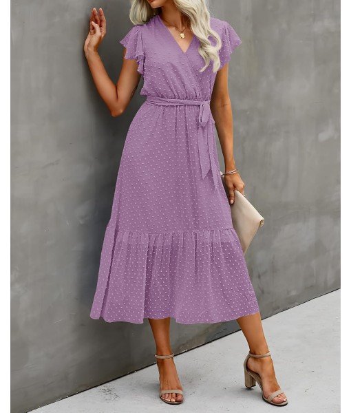 BTFBM Women Summer Bohemian Floral Casual Wrap V Neck Ruffle Cap Sleeveless Belt A-Line Pleated Hem Midi Sun Dress White