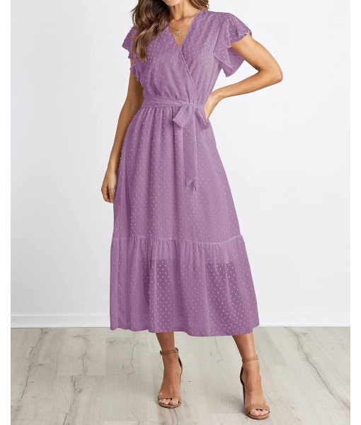 BTFBM Women Summer Bohemian Floral Casual Wrap V Neck Ruffle Cap Sleeveless Belt A-Line Pleated Hem Midi Sun Dress White