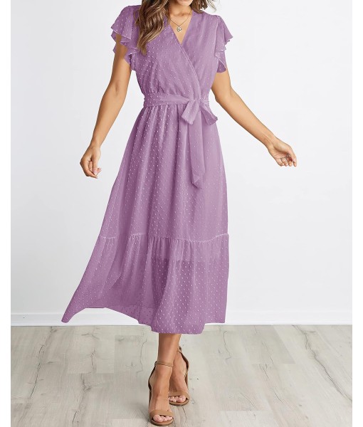BTFBM Women Summer Bohemian Floral Casual Wrap V Neck Ruffle Cap Sleeveless Belt A-Line Pleated Hem Midi Sun Dress White