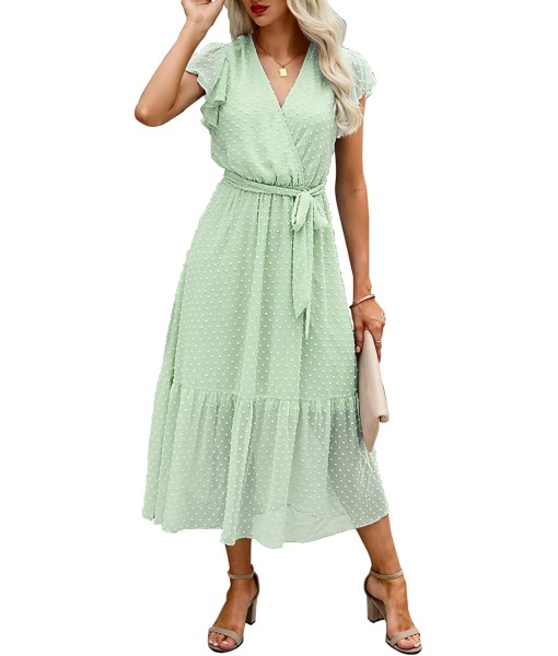 BTFBM Women Summer Bohemian Floral Casual Wrap V Neck Ruffle Cap Sleeveless Belt A-Line Pleated Hem Midi Sun Dress White