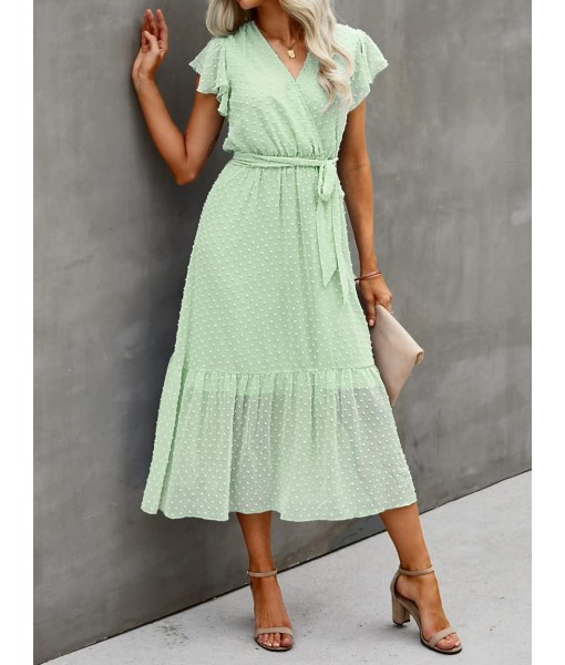 BTFBM Women Summer Bohemian Floral Casual Wrap V Neck Ruffle Cap Sleeveless Belt A-Line Pleated Hem Midi Sun Dress White
