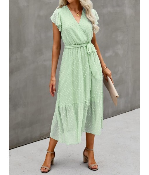 BTFBM Women Summer Bohemian Floral Casual Wrap V Neck Ruffle Cap Sleeveless Belt A-Line Pleated Hem Midi Sun Dress White