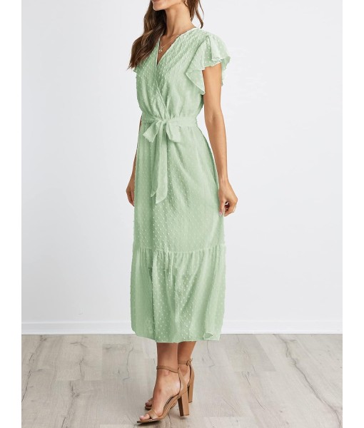 BTFBM Women Summer Bohemian Floral Casual Wrap V Neck Ruffle Cap Sleeveless Belt A-Line Pleated Hem Midi Sun Dress White