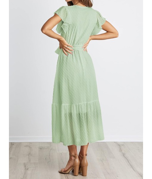BTFBM Women Summer Bohemian Floral Casual Wrap V Neck Ruffle Cap Sleeveless Belt A-Line Pleated Hem Midi Sun Dress White