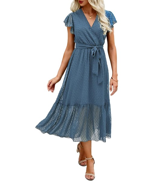 BTFBM Women Summer Bohemian Floral Casual Wrap V Neck Ruffle Cap Sleeveless Belt A-Line Pleated Hem Midi Sun Dress White