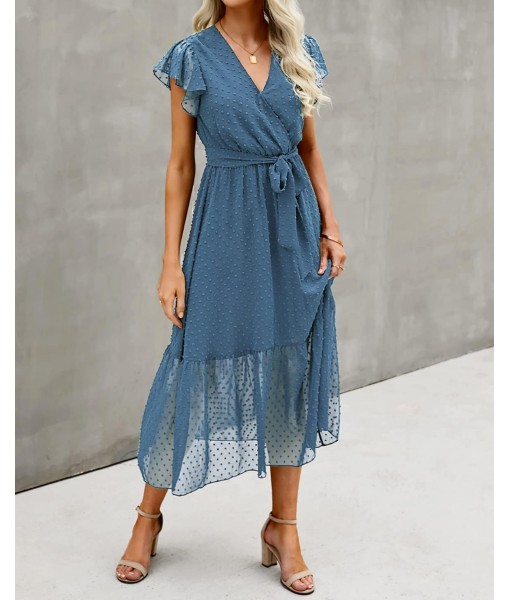BTFBM Women Summer Bohemian Floral Casual Wrap V Neck Ruffle Cap Sleeveless Belt A-Line Pleated Hem Midi Sun Dress White