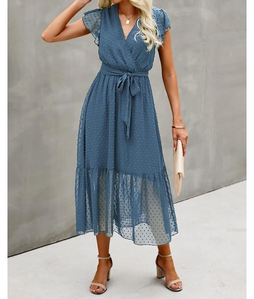 BTFBM Women Summer Bohemian Floral Casual Wrap V Neck Ruffle Cap Sleeveless Belt A-Line Pleated Hem Midi Sun Dress White