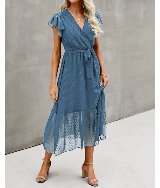 BTFBM Women Summer Bohemian Floral Casual Wrap V Neck Ruffle Cap Sleeveless Belt A-Line Pleated Hem Midi Sun Dress White