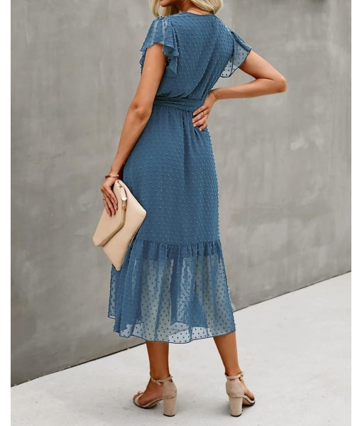 BTFBM Women Summer Bohemian Floral Casual Wrap V Neck Ruffle Cap Sleeveless Belt A-Line Pleated Hem Midi Sun Dress White