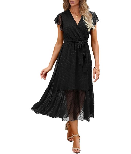 BTFBM Women Summer Bohemian Floral Casual Wrap V Neck Ruffle Cap Sleeveless Belt A-Line Pleated Hem Midi Sun Dress White