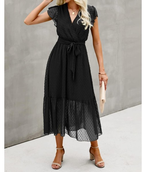 BTFBM Women Summer Bohemian Floral Casual Wrap V Neck Ruffle Cap Sleeveless Belt A-Line Pleated Hem Midi Sun Dress White