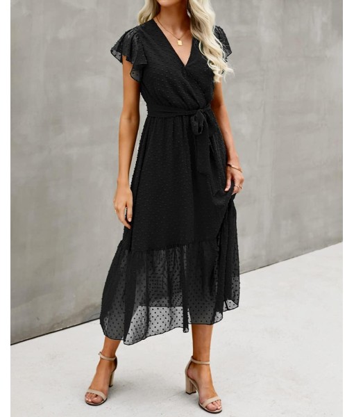 BTFBM Women Summer Bohemian Floral Casual Wrap V Neck Ruffle Cap Sleeveless Belt A-Line Pleated Hem Midi Sun Dress White
