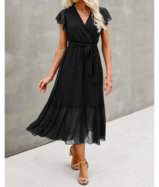 BTFBM Women Summer Bohemian Floral Casual Wrap V Neck Ruffle Cap Sleeveless Belt A-Line Pleated Hem Midi Sun Dress White