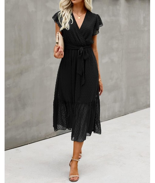 BTFBM Women Summer Bohemian Floral Casual Wrap V Neck Ruffle Cap Sleeveless Belt A-Line Pleated Hem Midi Sun Dress White