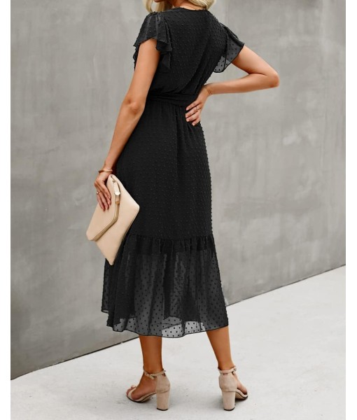 BTFBM Women Summer Bohemian Floral Casual Wrap V Neck Ruffle Cap Sleeveless Belt A-Line Pleated Hem Midi Sun Dress White