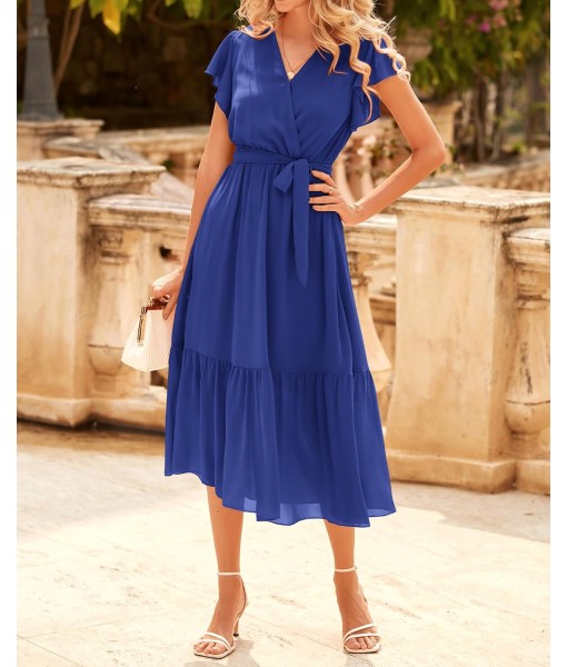BTFBM Women Summer Bohemian Floral Casual Wrap V Neck Ruffle Cap Sleeveless Belt A-Line Pleated Hem Midi Sun Dress White