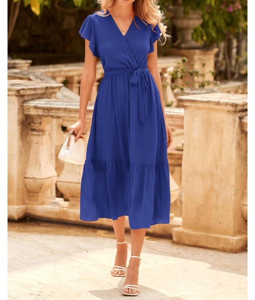 BTFBM Women Summer Bohemian Floral Casual Wrap V Neck Ruffle Cap Sleeveless Belt A-Line Pleated Hem Midi Sun Dress White