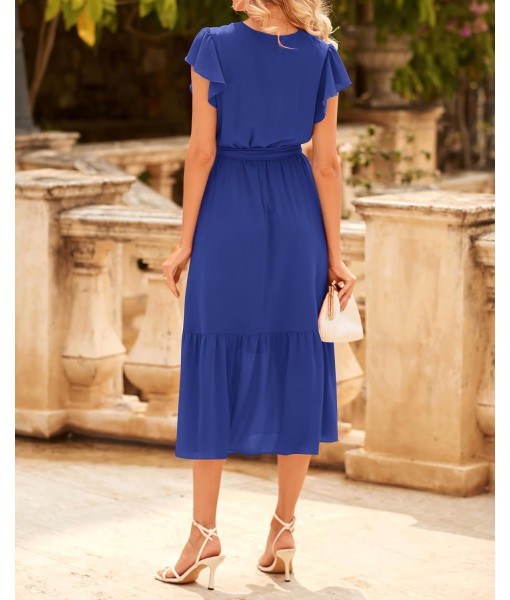 BTFBM Women Summer Bohemian Floral Casual Wrap V Neck Ruffle Cap Sleeveless Belt A-Line Pleated Hem Midi Sun Dress White