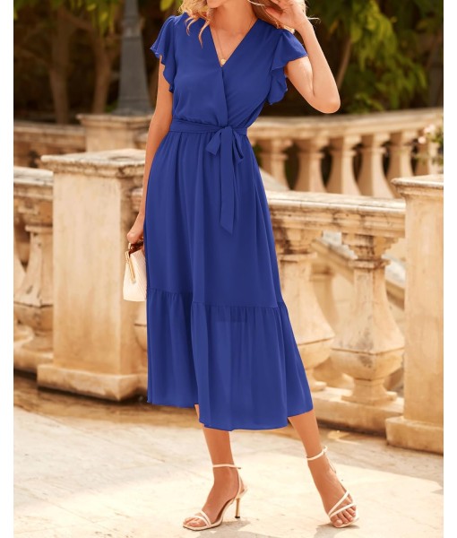 BTFBM Women Summer Bohemian Floral Casual Wrap V Neck Ruffle Cap Sleeveless Belt A-Line Pleated Hem Midi Sun Dress White