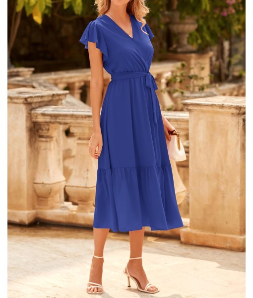 BTFBM Women Summer Bohemian Floral Casual Wrap V Neck Ruffle Cap Sleeveless Belt A-Line Pleated Hem Midi Sun Dress White