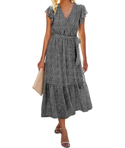 BTFBM Women Summer Bohemian Floral Casual Wrap V Neck Ruffle Cap Sleeveless Belt A-Line Pleated Hem Midi Sun Dress White