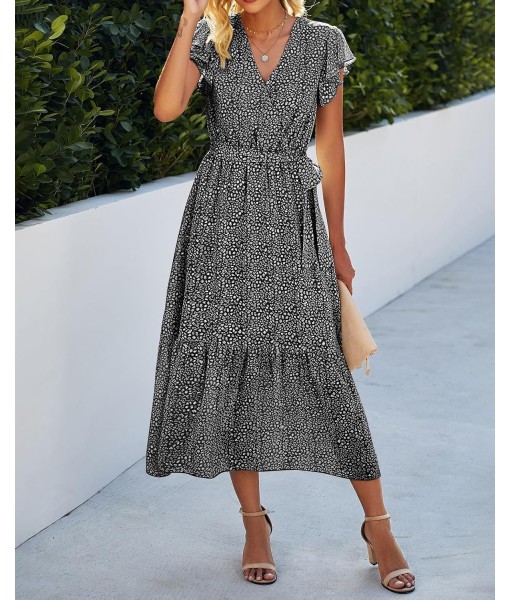 BTFBM Women Summer Bohemian Floral Casual Wrap V Neck Ruffle Cap Sleeveless Belt A-Line Pleated Hem Midi Sun Dress White