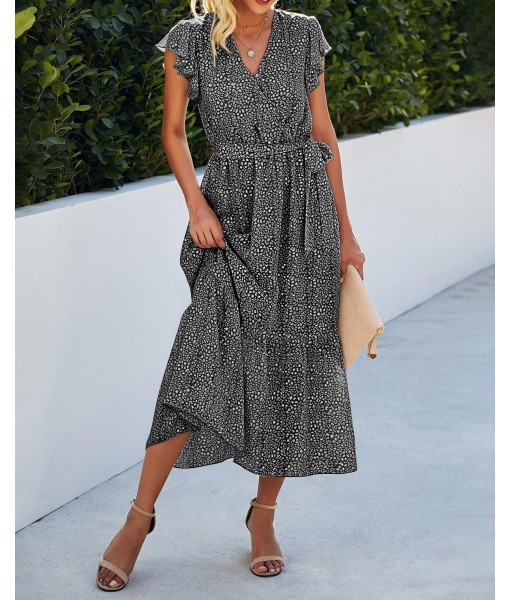 BTFBM Women Summer Bohemian Floral Casual Wrap V Neck Ruffle Cap Sleeveless Belt A-Line Pleated Hem Midi Sun Dress White