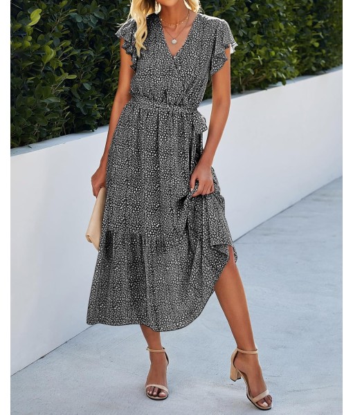BTFBM Women Summer Bohemian Floral Casual Wrap V Neck Ruffle Cap Sleeveless Belt A-Line Pleated Hem Midi Sun Dress White