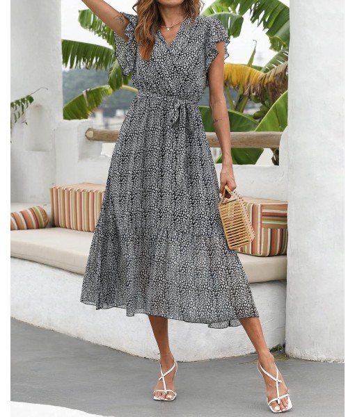 BTFBM Women Summer Bohemian Floral Casual Wrap V Neck Ruffle Cap Sleeveless Belt A-Line Pleated Hem Midi Sun Dress White