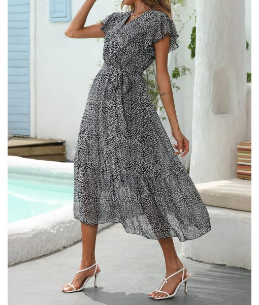 BTFBM Women Summer Bohemian Floral Casual Wrap V Neck Ruffle Cap Sleeveless Belt A-Line Pleated Hem Midi Sun Dress White