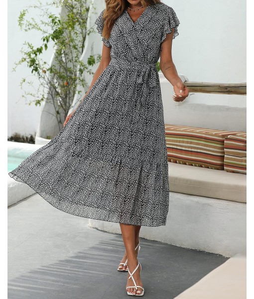 BTFBM Women Summer Bohemian Floral Casual Wrap V Neck Ruffle Cap Sleeveless Belt A-Line Pleated Hem Midi Sun Dress White