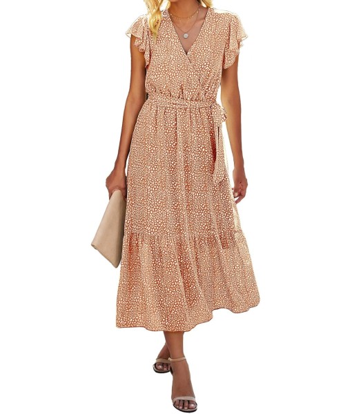 BTFBM Women Summer Bohemian Floral Casual Wrap V Neck Ruffle Cap Sleeveless Belt A-Line Pleated Hem Midi Sun Dress White