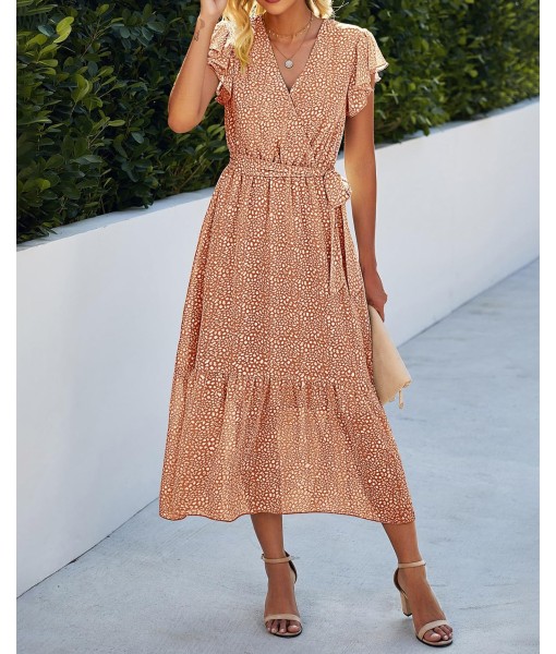 BTFBM Women Summer Bohemian Floral Casual Wrap V Neck Ruffle Cap Sleeveless Belt A-Line Pleated Hem Midi Sun Dress White