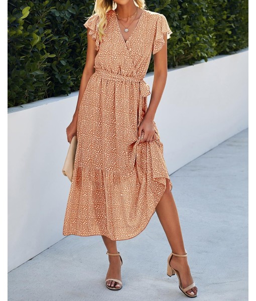 BTFBM Women Summer Bohemian Floral Casual Wrap V Neck Ruffle Cap Sleeveless Belt A-Line Pleated Hem Midi Sun Dress White