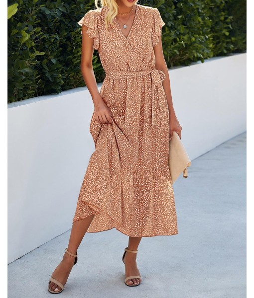 BTFBM Women Summer Bohemian Floral Casual Wrap V Neck Ruffle Cap Sleeveless Belt A-Line Pleated Hem Midi Sun Dress White