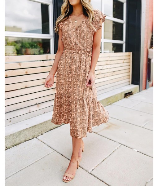 BTFBM Women Summer Bohemian Floral Casual Wrap V Neck Ruffle Cap Sleeveless Belt A-Line Pleated Hem Midi Sun Dress White
