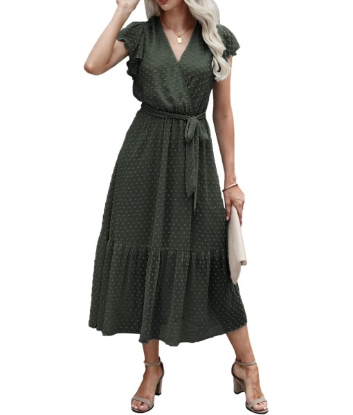 BTFBM Women Summer Bohemian Floral Casual Wrap V Neck Ruffle Cap Sleeveless Belt A-Line Pleated Hem Midi Sun Dress White
