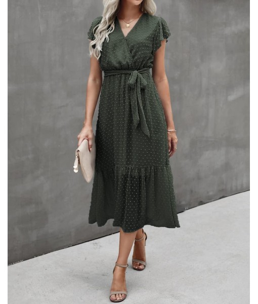 BTFBM Women Summer Bohemian Floral Casual Wrap V Neck Ruffle Cap Sleeveless Belt A-Line Pleated Hem Midi Sun Dress White