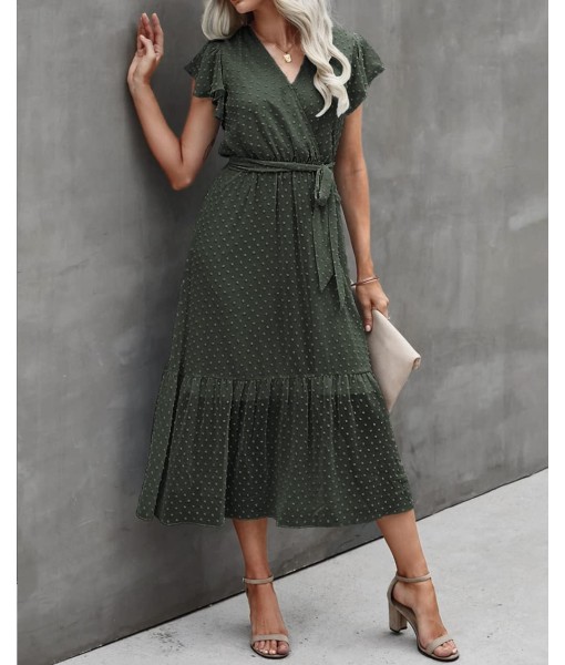 BTFBM Women Summer Bohemian Floral Casual Wrap V Neck Ruffle Cap Sleeveless Belt A-Line Pleated Hem Midi Sun Dress White